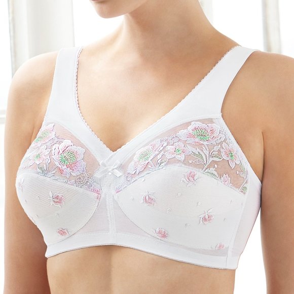 Glamorise 48C MAGIC LIFT Bra (WIDE-STRAPS) Wireless SOFT-CUP (WHITE-FLORAL) NEW - Picture 2 of 16